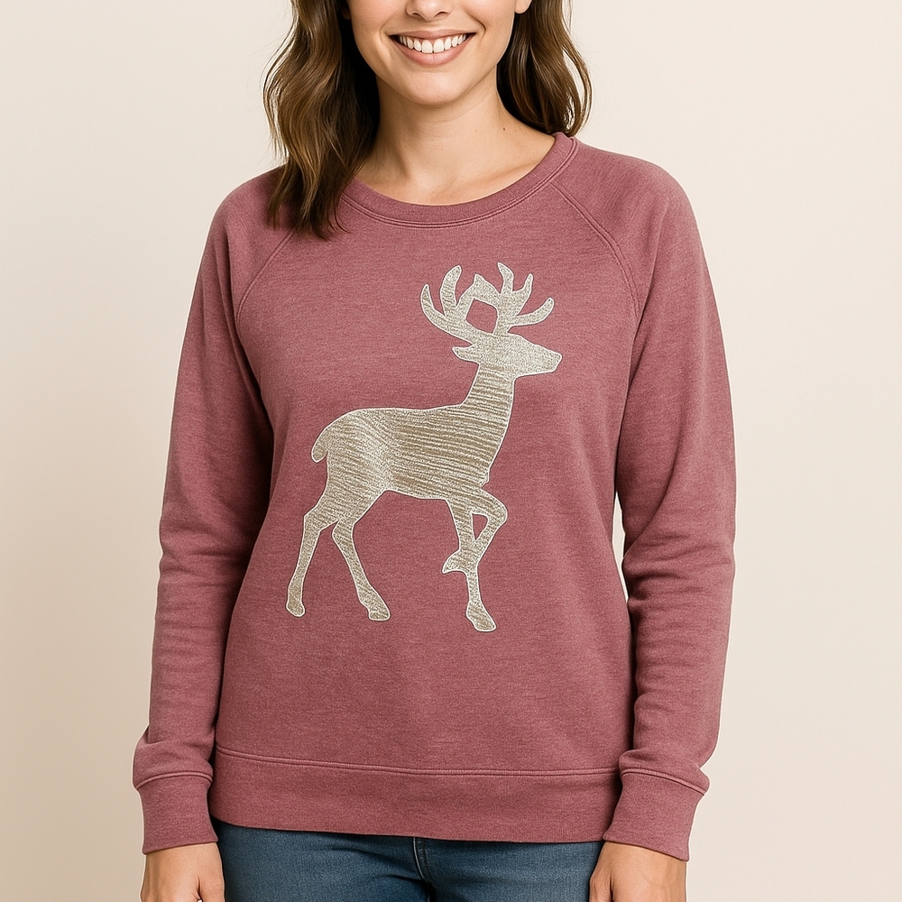 Christmas Reindeer Graphic Mauve Heathered L/S Sweatshirt L Holiday Novelty Wash
